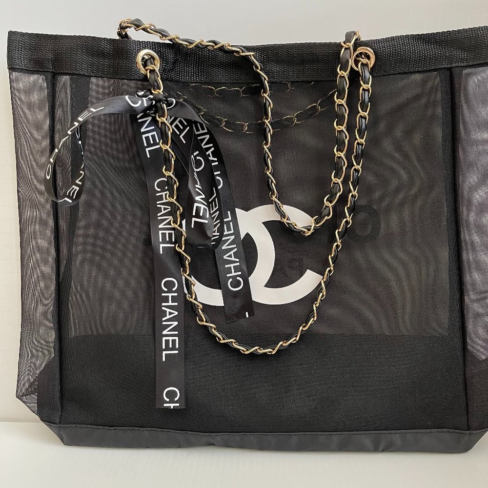 CC VIP Gift Boutique Black Mesh Tote with Pouch w/Gold Hardware Straps